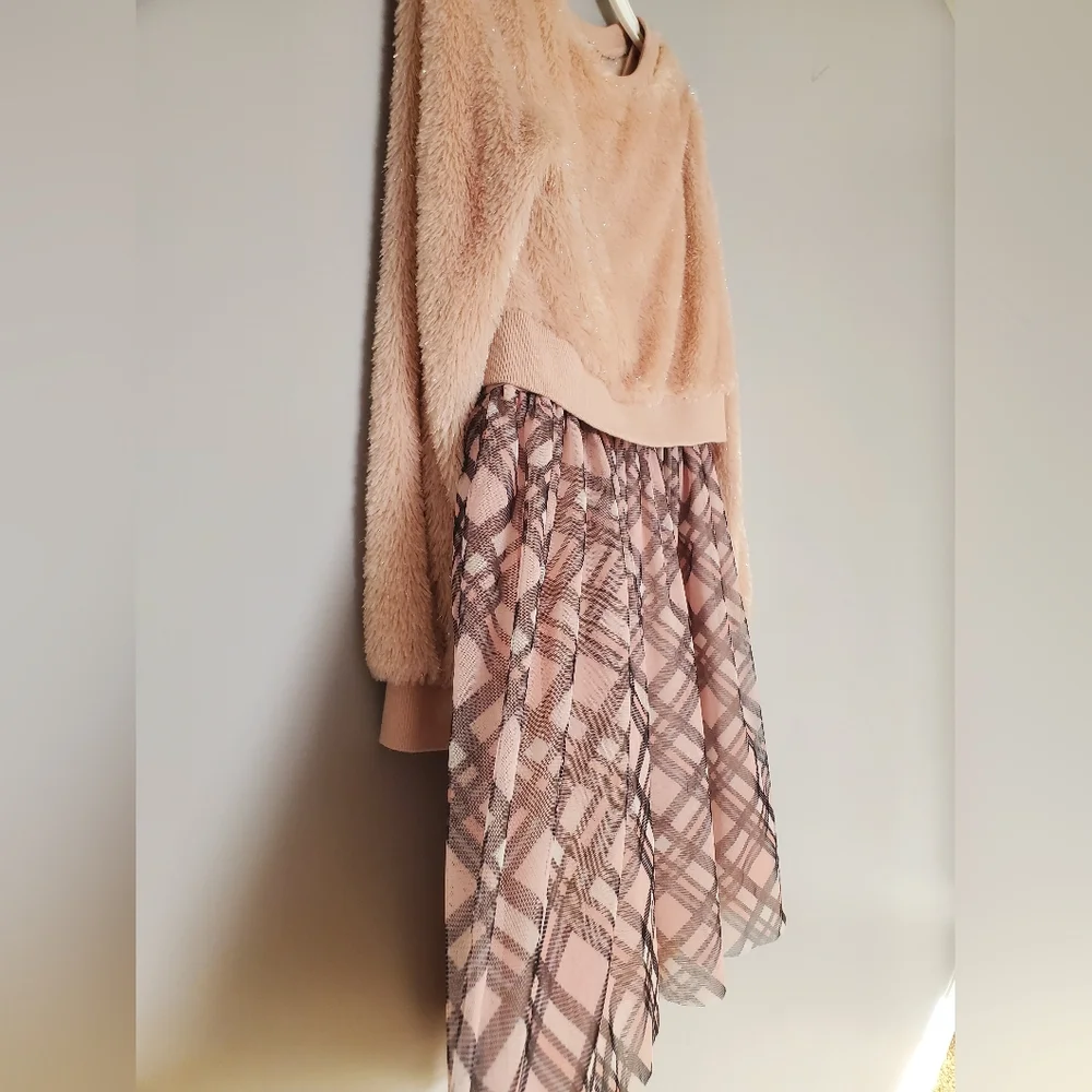 Knitworks Girls 2-Piece Dress Set - Faux Fur Crop Top & Plaid Skirt - Size 14